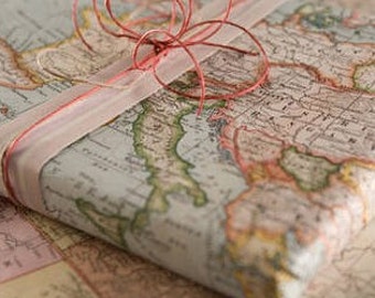 Retro Inspired Map Wrapping Paper- hand drawn luxury gift wrap- by the roll- exclusive design- hand printed-muted colours