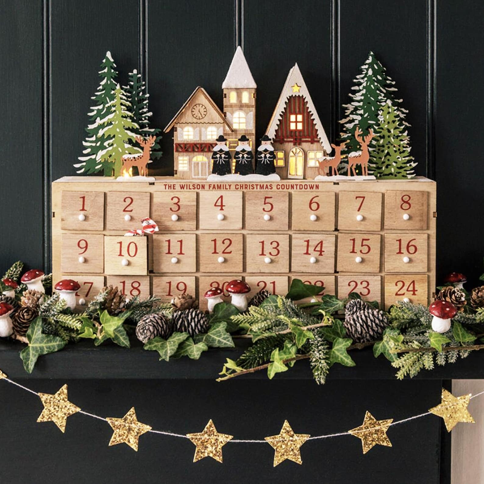 Personalized Wooden Light-Up Advent Calendar: Festive Winter Scene-Calendrier de l’avent 2025- keepsake