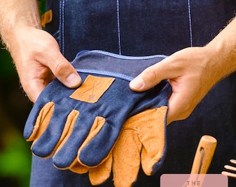Personalized Denim Garden Gloves: Faux Leather Palm, Hardwearing