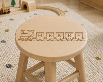 Personalized Wooden Train Stool – Child Name Nursery Decor, Rubber Wood (26X26X4CM)