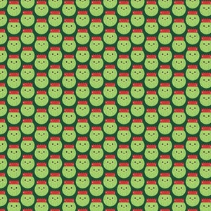 Pode incluir: Um padr&atilde;o repetido de couves de Bruxelas verdes usando chap&eacute;us vermelhos de Papai Noel em um fundo verde escuro.