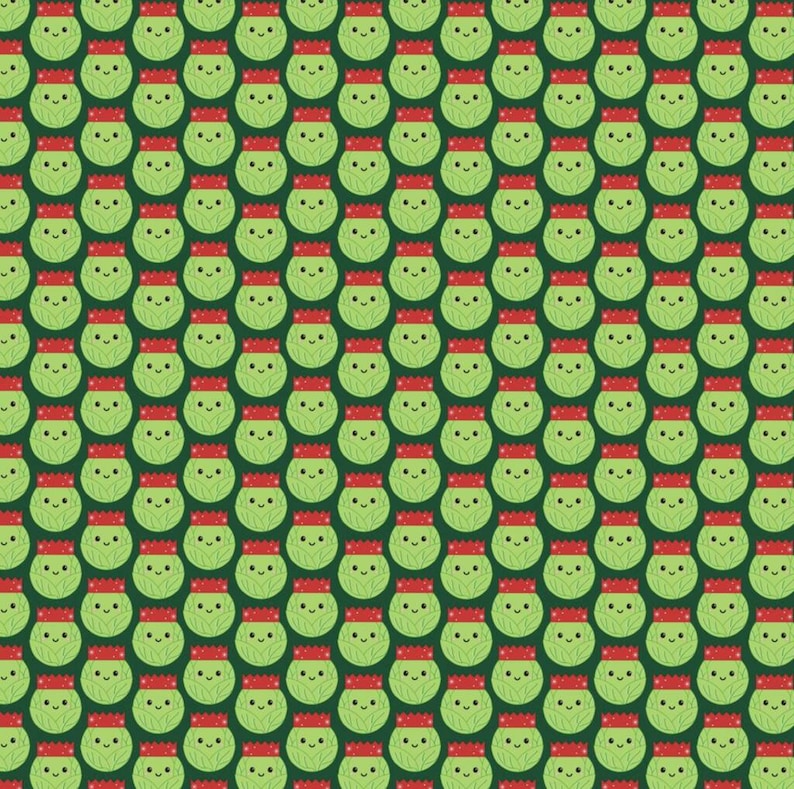 Pode incluir: Um padr&atilde;o repetido de couves de Bruxelas verdes usando chap&eacute;us vermelhos de Papai Noel em um fundo verde escuro.
