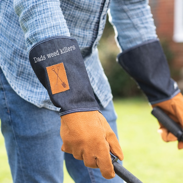 Personalised denim gauntlet gardening gloves , a perfect gift for Dad or Grandad