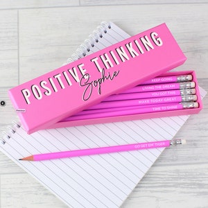 Personalised Positive Thinking Box and 12 Pink HB Pencils ,Positivity pencil gift set, Gift for a girl-
