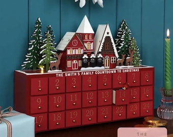 Personalized Red Wooden Light-Up Advent Calendar: Festive Winter Scene- Carol singers-adventskalender-Calendrier de l’avent