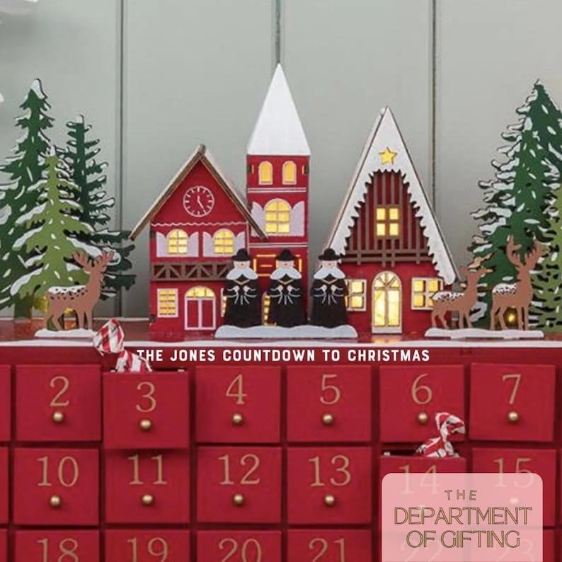 Calendrier de l'Avent personnalisé en bois rouge : scène d'hiver festive - Carol singers-adventskalender-Calendrier de l'avent image 8