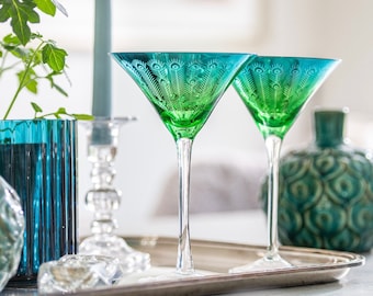 Personalised hand Electroplated Peacock Design Martini Glasses- Two glasses -Celebration Glasses -cocktail glasses-coupe hand electroplated