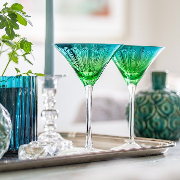 Personalised hand Electroplated Peacock Design Martini Glasses- Two glasses -Celebration Glasses -cocktail glasses-coupe hand electroplated
