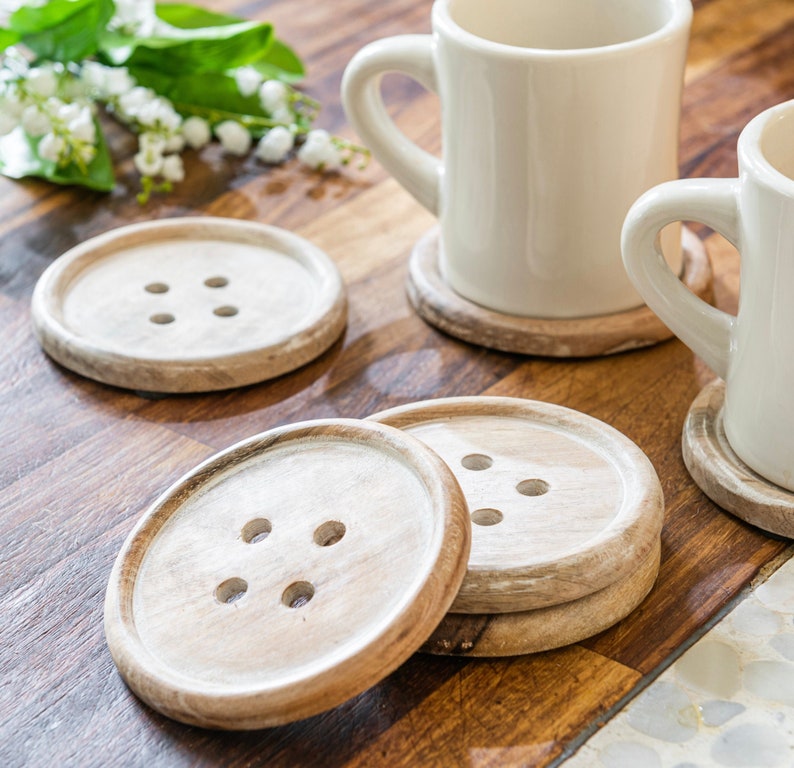 Handcrafted Whitewashed Wood Button Coasters - Set of 6 - Etsy