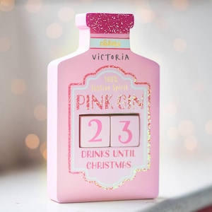 Personalised pink Gin Christmas Countdown Blocks, fun advent calendar resusable sparkle-number blocks customise with your name image 1