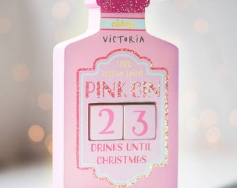 Personalised pink Gin Christmas Countdown Blocks, fun advent calendar- resusable- sparkle-number blocks- customise with your name