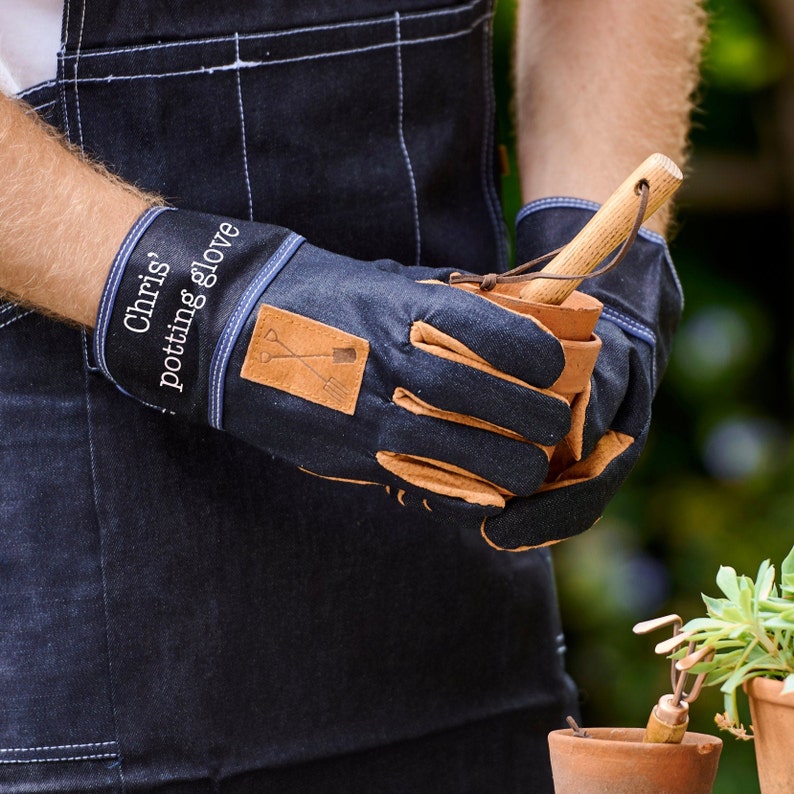Personalised denim gauntlet gardening gloves dads gardening gloves personalised gardening gloves customized gloves-hardwearing glove short glove
