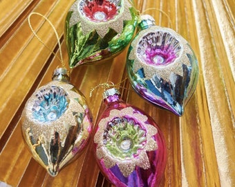 Set Of Four Retro Inspired Style glass hand painted  Christmas Baubles - personalised-Christmas tree decoration -traditional -hand finished