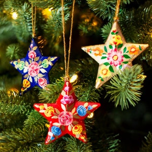 Kashmiri Papier Mache Floral Star - hand made christmas tree decoration - hand painted traditional tree decor -red star -gold star-blue star