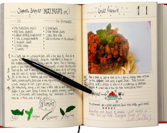 May include: A handwritten recipe for Spaghetti Bolognese, titled "BEST RECIPE ever!" by "Uncle Richard." The recipe includes a list of ingredients, cooking instructions, and a photo of the finished dish. The recipe is rated 5 stars by a family member.