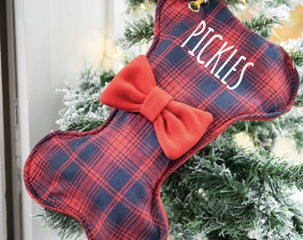 Personalised Tartan Dog Bone shaped Stocking -Tartan Christmas pet stocking -dog Hoilday stocking -personalised Christmas stocking for a pet