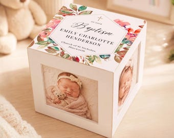 Personalised Floral Baptism Photo Cube – Distressed Wood Keepsake Box