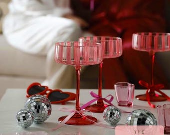 Hand Painted Pink Stripe Cocktail Glasses: Red Stem Celebration Coupes- Set of two