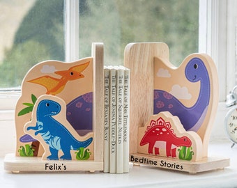 Personalised dinosaur Wooden Bookends- first birthday gift - christening gift -  Jungle Bookends - customised bookends - nursary update