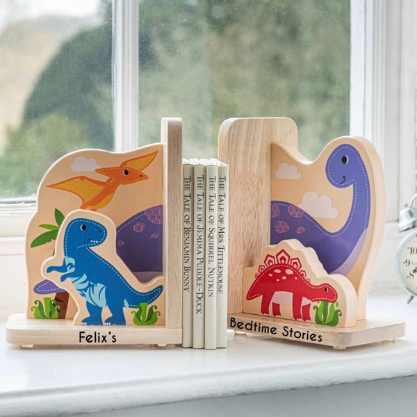 Personalised dinosaur Wooden Bookends- first birthday gift - christening gift -  Jungle Bookends - customised bookends - nursary update