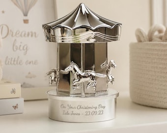 Personalized Silver Plated Carousel Money Box - Christening Day Gifts - New Baby