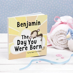 The Day You Were Born Personalised New Baby Book - Christening gift Book - Personalised Money Book - Customised Birthday Book - Baby Boy