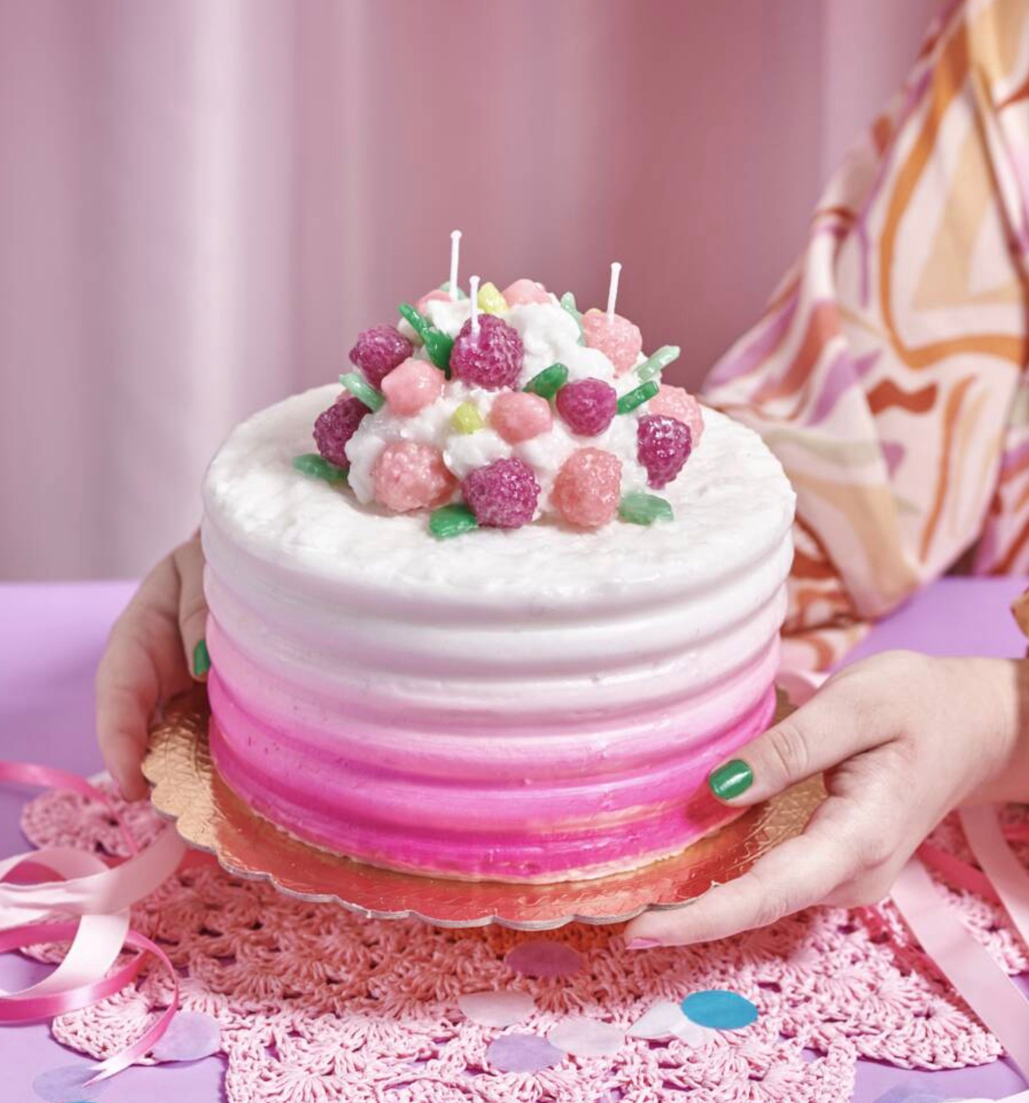 フェイクケーキ Sugar ハンドメイド ピンク ローズ フェイクケーキのバースデーキャンドル：手作りワックスレインボー