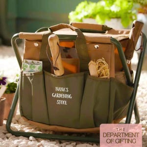 Personalized Green Canvas Garden Stool: Folding Tool Storage