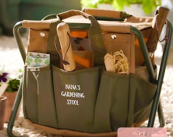 Personalized Green Canvas Garden Stool: Folding Tool Storage