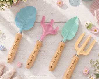 Child's Personalized Garden Tools- set of four , Wooden Handles- Leaf design- customised- pastel colours