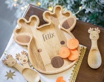 Personalised Reindeer Bamboo Christmas Plate Set -christmas eco dinnerware- First plate - Childs first dinner set - Bamboo plate