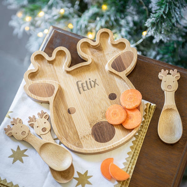 Ensemble personnalisé d’assiettes de Noël en bambou de renne -vaisselle écologique de Noël- Première assiette - Premier ensemble de dîner pour enfants - Assiette en bambou