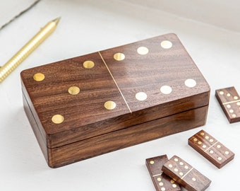 Coffret cadeau personnalisé Luxury Brass Dominos - Ensemble Dominos -dominos en bois, ajouter un nom - Souvenir gravé à la main cadeau-Noël pour lui