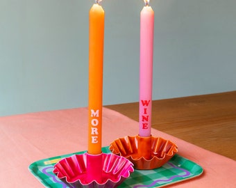Set Of Two Candles- dinner candles,handpainted candles, Orange & Pink 'More' 'Wine' Dinner Candles -two Pack- dinner party gift-personalised