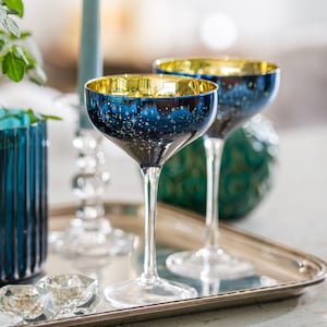 Hand Crafted Custom Set Of Two Blue Star Champagne Saucers -Celebration Glasses -cocktail glasses-coupe glasses- Wedding glasses - Mirrored