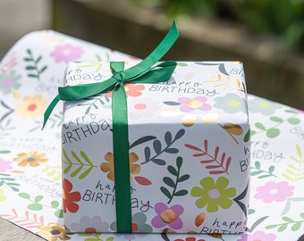 Birthday Floral Wrapping Paper, luxury gift wrap by the sheet-bright colours- hand drawn- FSC paper