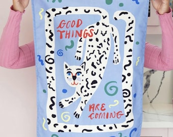 Paño de cocina "Good Things Are Coming" - Decoración de cocina de algodón dibujada a mano