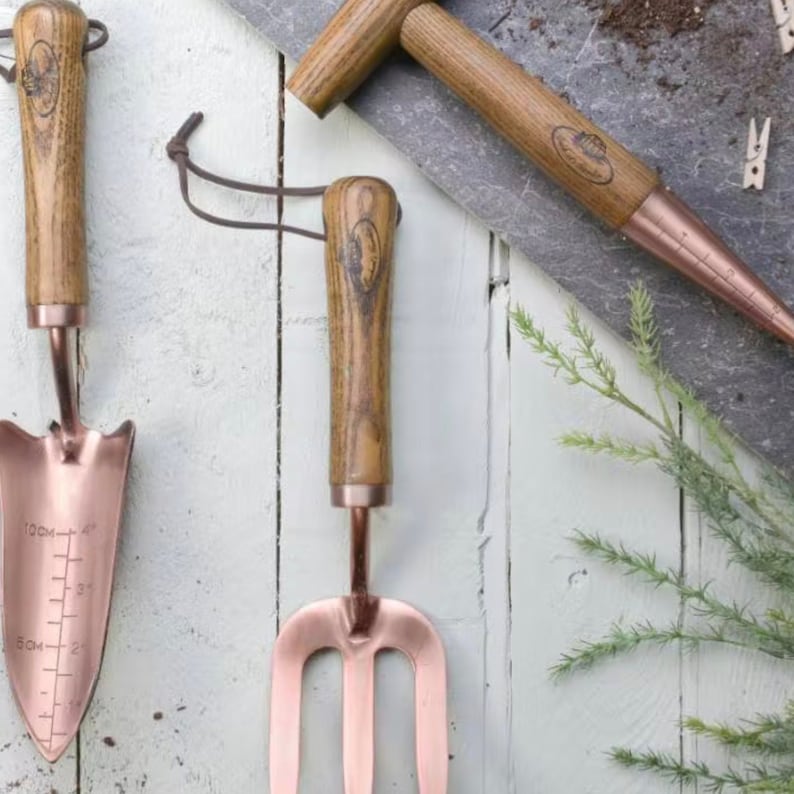 K&ouml;nnte beinhalten: Eine Auswahl an Gartenger&auml;ten mit Holzgriffen und kupferfarbenen Metallk&ouml;pfen. Die Werkzeuge umfassen eine Kelle mit Zentimetermarkierungen, eine dreizinkige Gabel und einen Unkrautstecher. Die Griffe haben eine nat&uuml;rliche Holzmaserung.
