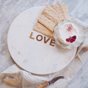 White Marble Serving Board With Gold Word Inlay , wedding gift Hand finished gold inlay heavy marble unique-hand gold painted luxury image 3