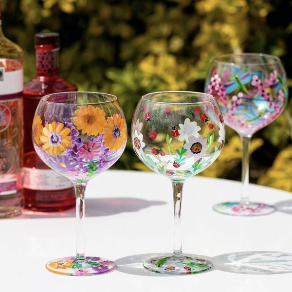 Hand painted-Gin Glasses , Celebration Glasses -floral glasses-pretty glasses- flowers- Hand designed- spring flowers- bees- butterflies