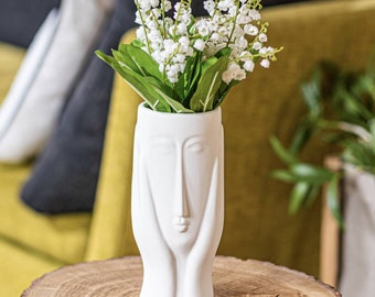 Hand glazed Elegant Design Face And Hands Vase In Black or white , On Trend Vase - Housewarming gift-ltd edition