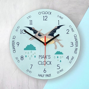 Personalised Kids Pterodactyl Glass Clock, dinosaur clock for a childs bedroom , learn to tell the time