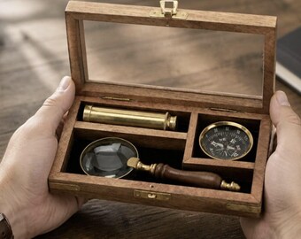 Personalized Brass Compass  set with Wood Box: Keepsake Gift - Fathers day- Birthday - Travel