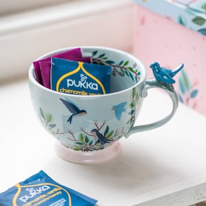 Könnte beinhalten: Eine hellblaue Keramik-Teetasse mit einem vogelförmigen Griff und einem rosa Sockel. Die Tasse ist mit Vogel- und Blumendesigns verziert und enthält Teebeutel. Die Teebeutelverpackung trägt die Aufschrift "Pukka chamomile vanilla".