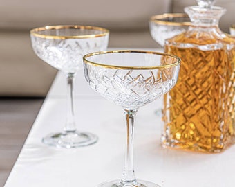 Hand Crafted Customised Set Of Two Gold Rimmed Champagne Coupes - Custom Made - Celebration -cocktail Coupes - Personalised Wedding Glass