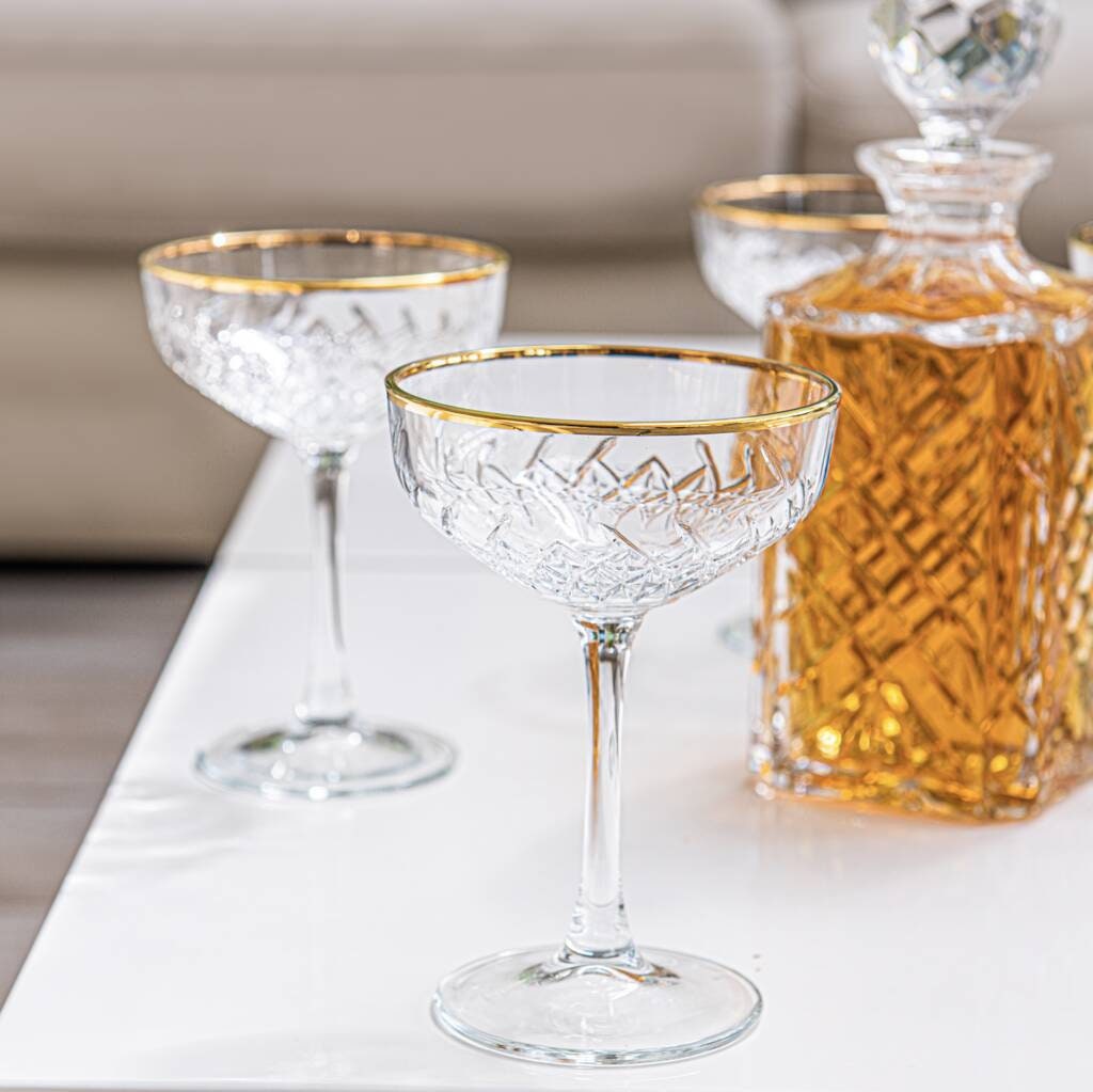 Set Of Two Ribbed Gold Rimmed Martini Glasses