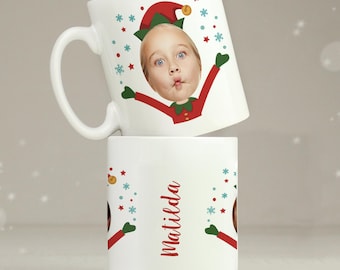 Personalized Christmas Elf Photo Mug: Unique Ceramic Gift