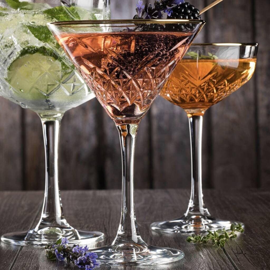 Hand Crafted Custom Set of Two Gold Rimmed Martini Cocktail