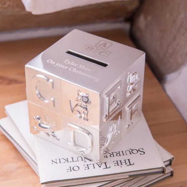 Personalised silver plated box,  Engraved ABC Money Box , personalised keepsake money box,christening gift- New baby gift