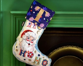 Calcetín de terciopelo de Papá Noel - DISEÑO PINTADO A MANO - personalizado - diseño colorido - diseñado en el Reino Unido - lujo